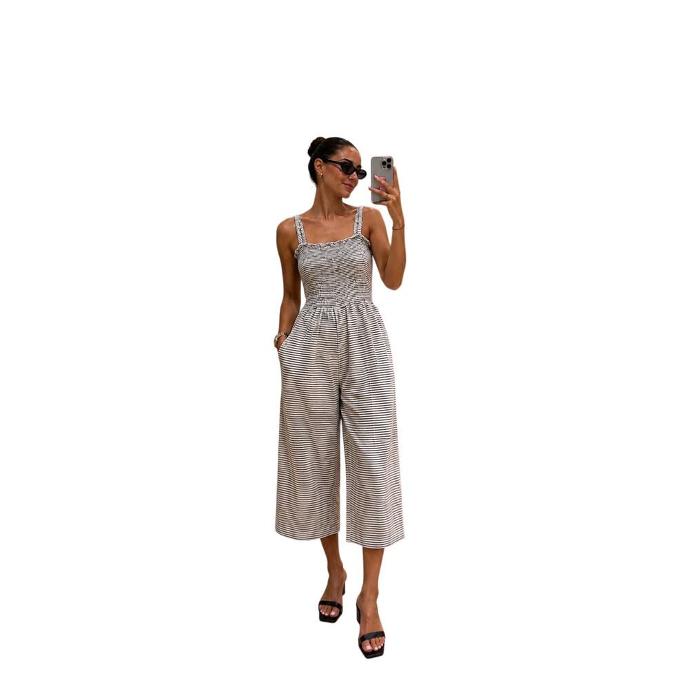 Old Navy Womens Striped Smocked Wide Leg Jumpsuit Black White Size Small S - Picture 1 of 7